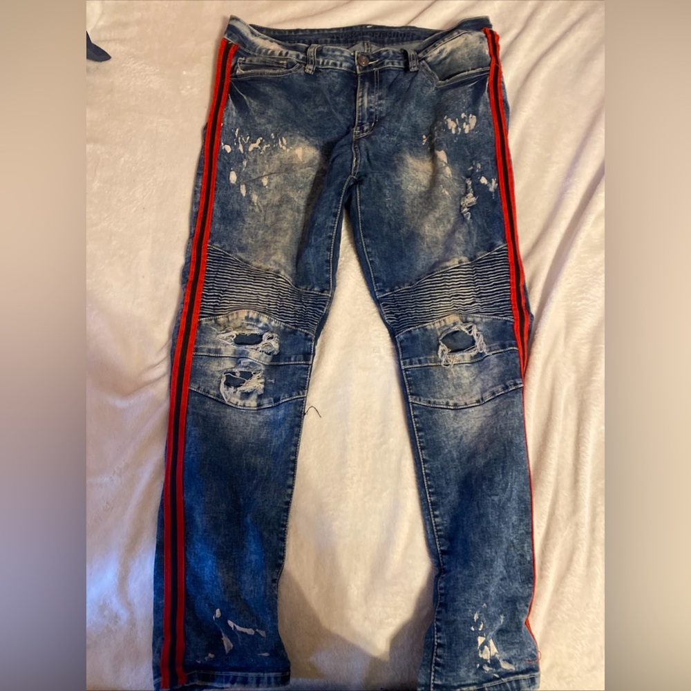 Rue21 Blue Distressed Jeans with Red Accents